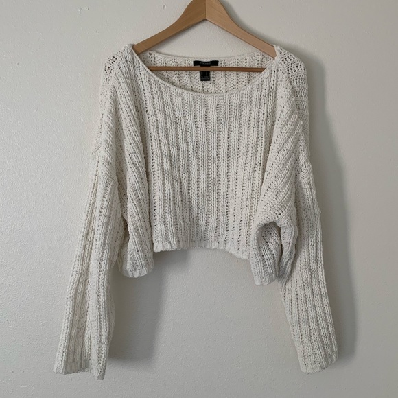 Forever 21 Sweaters - FOREVER 21 | White Chunky Knit Wide Neck Cropped Sweater